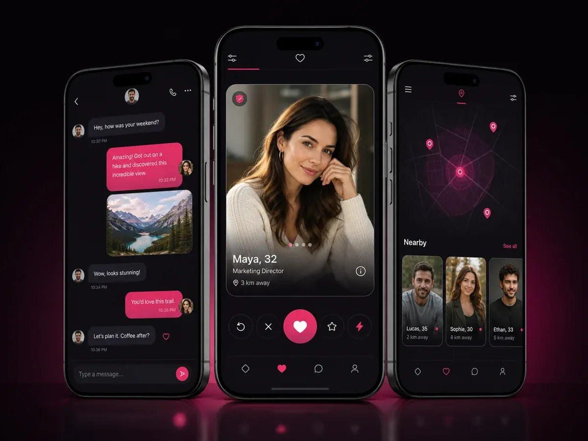 Canada Hookup mobile app shown across profile discovery, private chat, and nearby matches screens