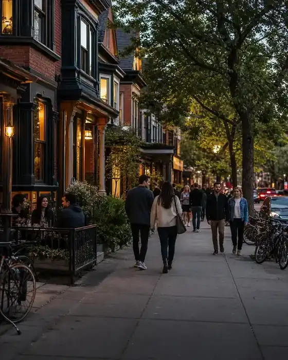 Leafy Annex street with Victorian homes and a relaxed evening crowd
