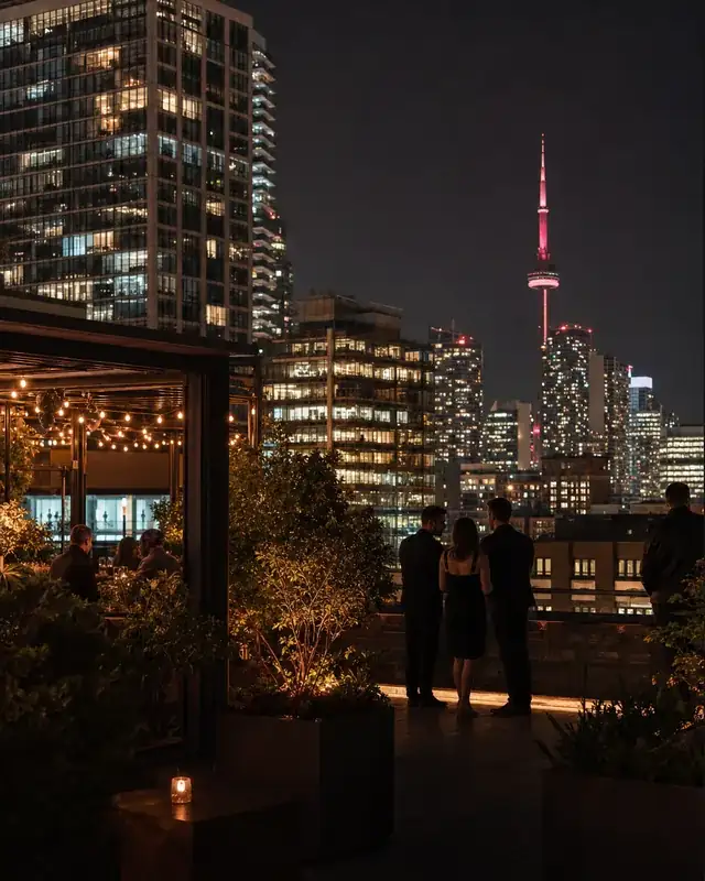 King West rooftop patio overlooking the Toronto skyline at night