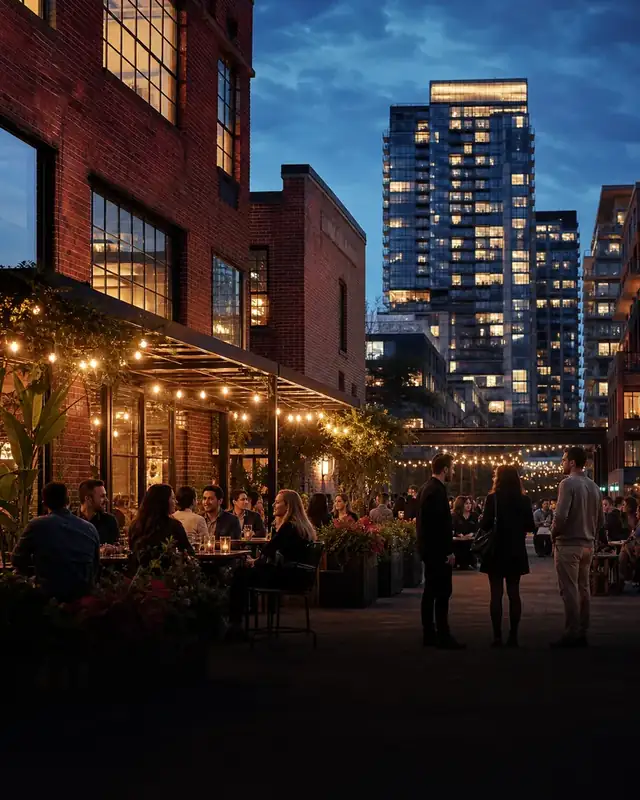 Liberty Village patio among red-brick buildings and modern condos