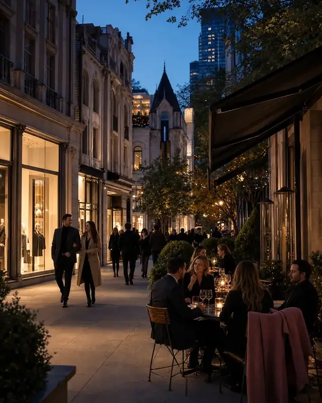 Yorkville boutiques and candlelit wine-bar terrace at dusk